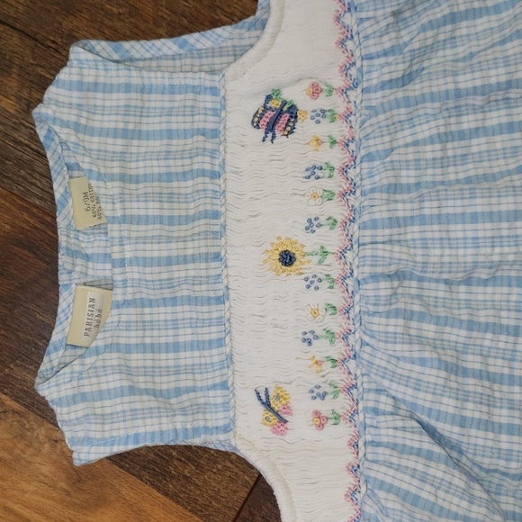 Parisian Bebe Blue and White Plaid Romper with Embroidered Flowers, Size 6-9M - Picture 4 of 7
